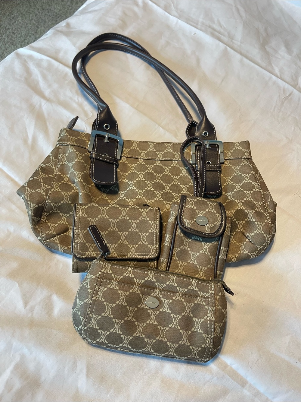 Nine West Sage Green/ Brown Patterned Women’s Tote with Matching Pouches
